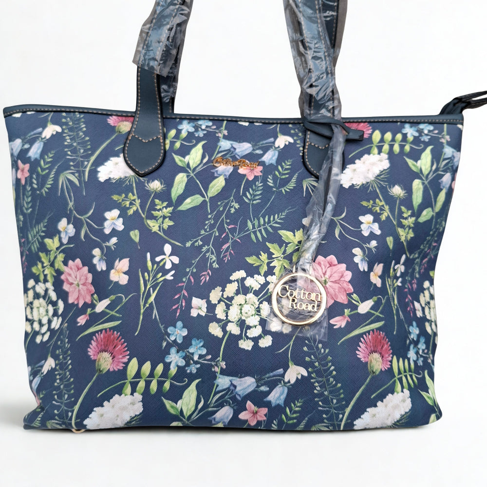 Cotton Road HandBag: LARGE BLUE FLORAL PU Leather Tote Bag with COUCHETTE ON WHITE