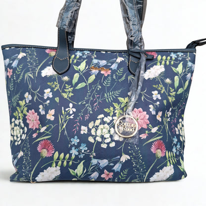 Cotton Road HandBag: LARGE BLUE FLORAL PU Leather Tote Bag with COUCHETTE ON WHITE