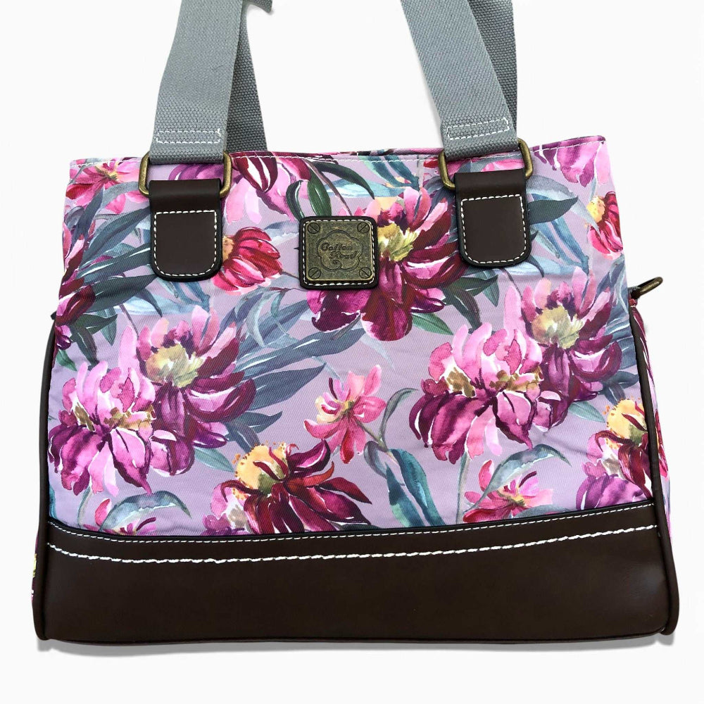 Cotton Road Handbag mauve floral canvas with brown PU leather trim and multiple zip compartments