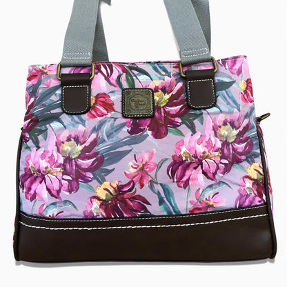 Cotton Road Handbag mauve floral canvas with brown PU leather trim and multiple zip compartments
