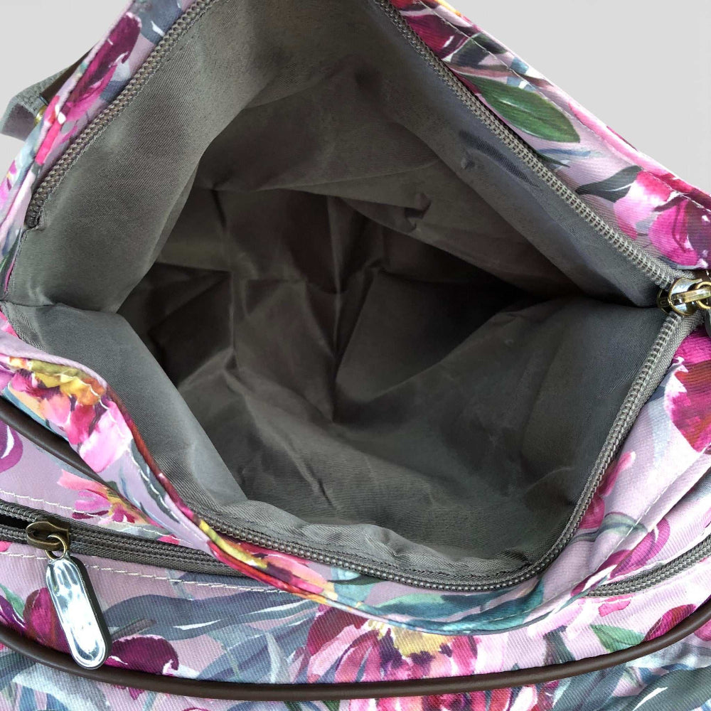 Cotton Road Handbag mauve floral canvas with brown PU leather trim and multiple zip compartments