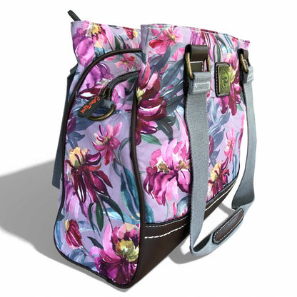 Cotton Road Handbag mauve floral canvas with brown PU leather trim and multiple zip compartments