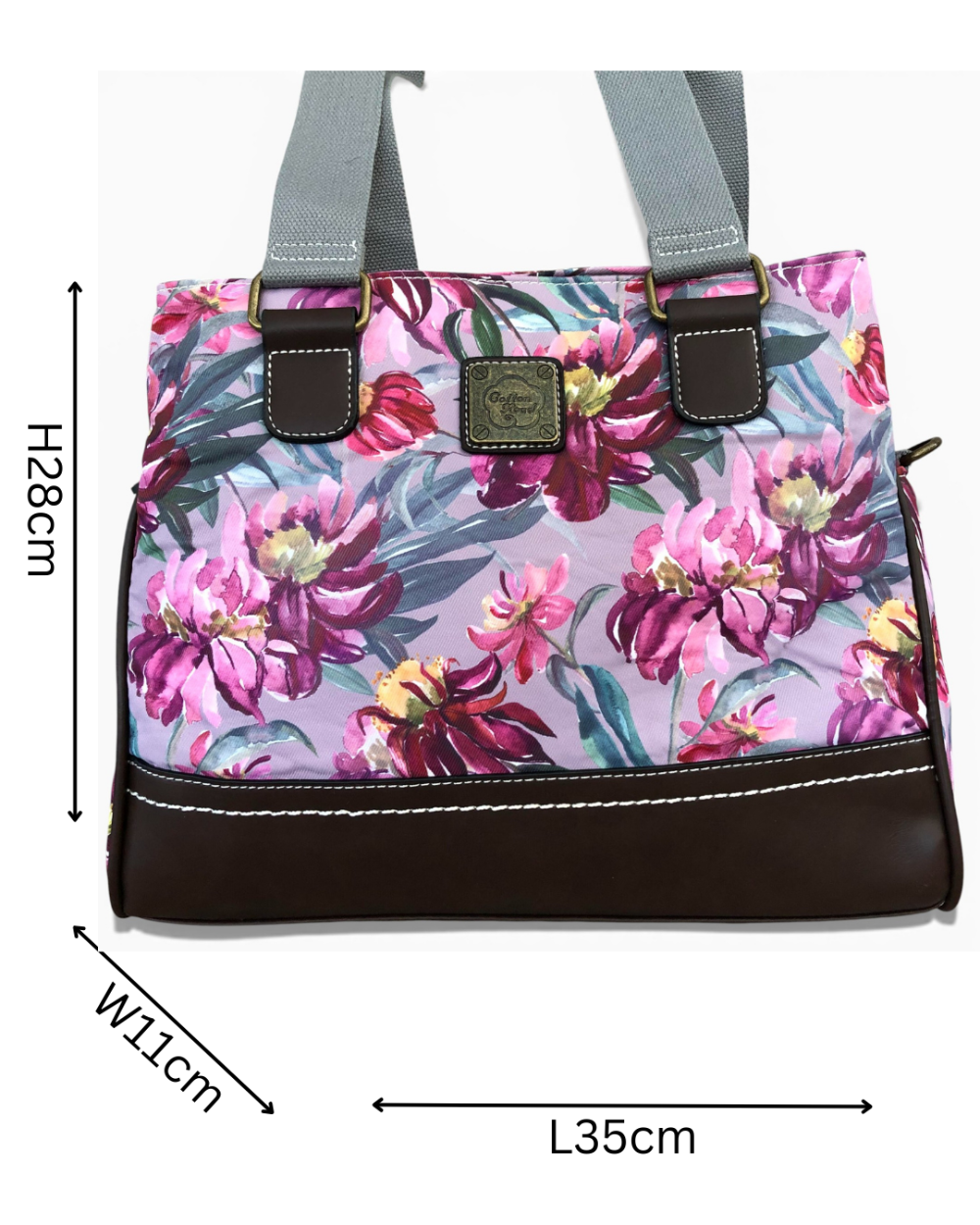 Cotton Road Handbag mauve floral canvas with brown PU leather trim and multiple zip compartments