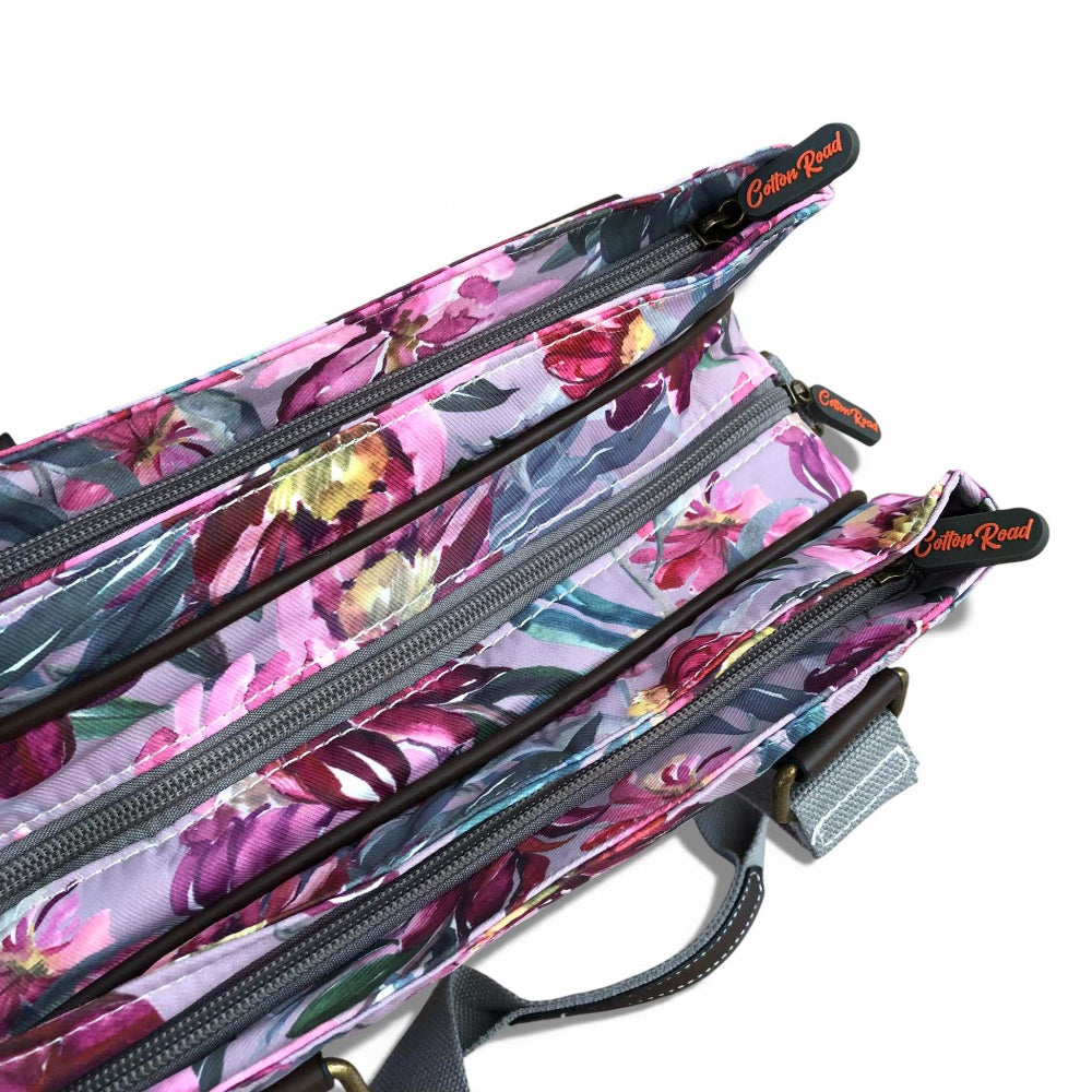 Cotton Road Handbag mauve floral canvas with brown PU leather trim and multiple zip compartments