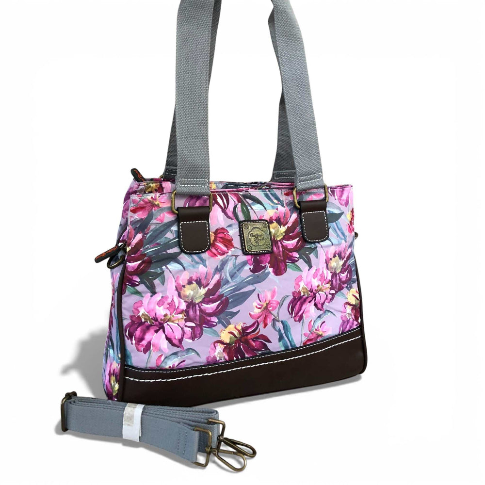 Cotton Road Handbag mauve floral canvas with brown PU leather trim and multiple zip compartments