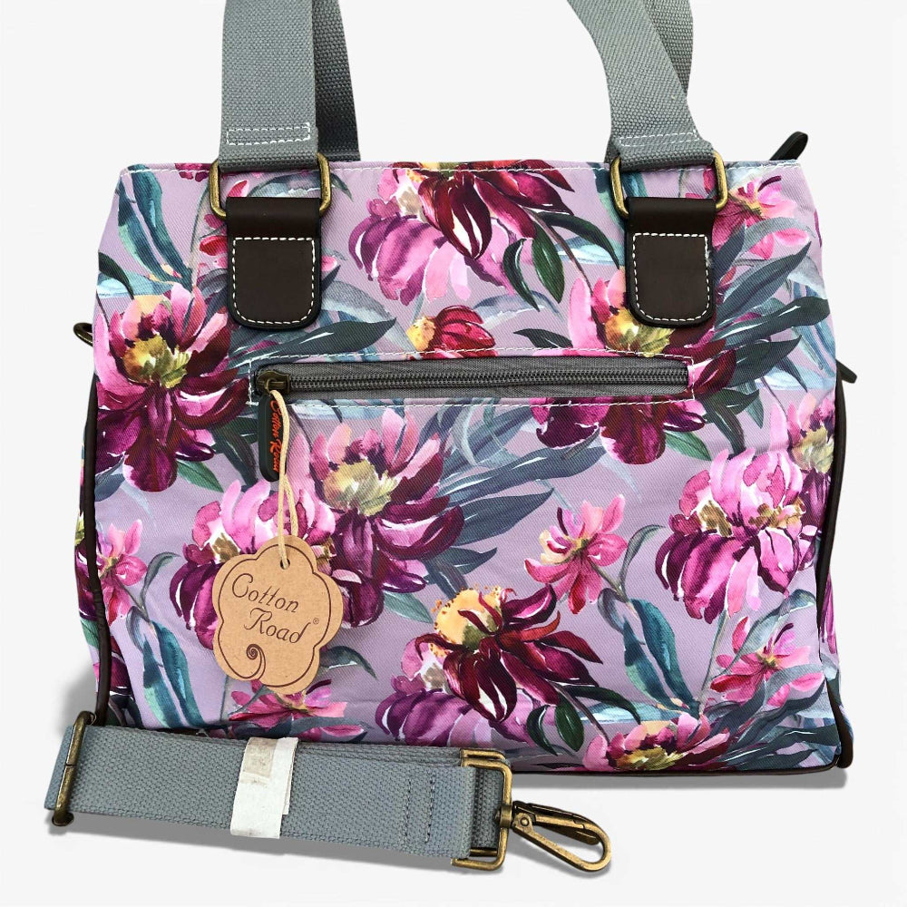 Cotton Road Handbag mauve floral canvas with brown PU leather trim and zip compartments
