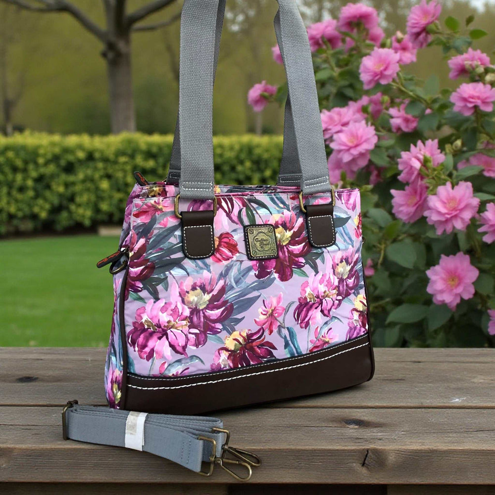 Cotton Road Handbag mauve floral canvas with brown PU leather trim and multiple zip compartments