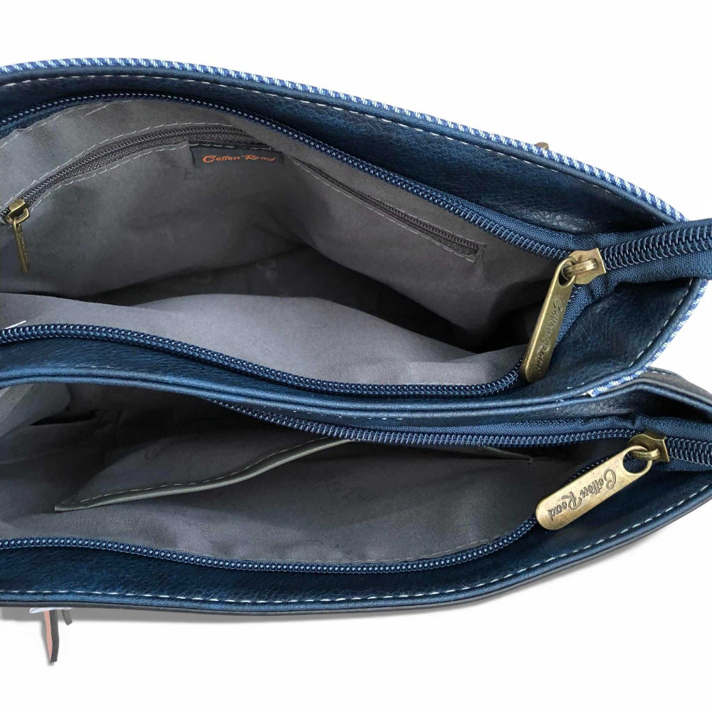Cotton Road navy and white striped handbag OPEN ZIPPER view