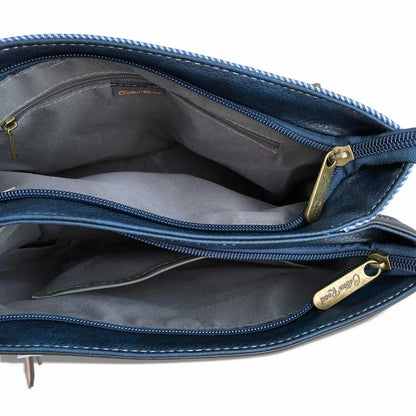 Cotton Road navy and white striped handbag OPEN ZIPPER view