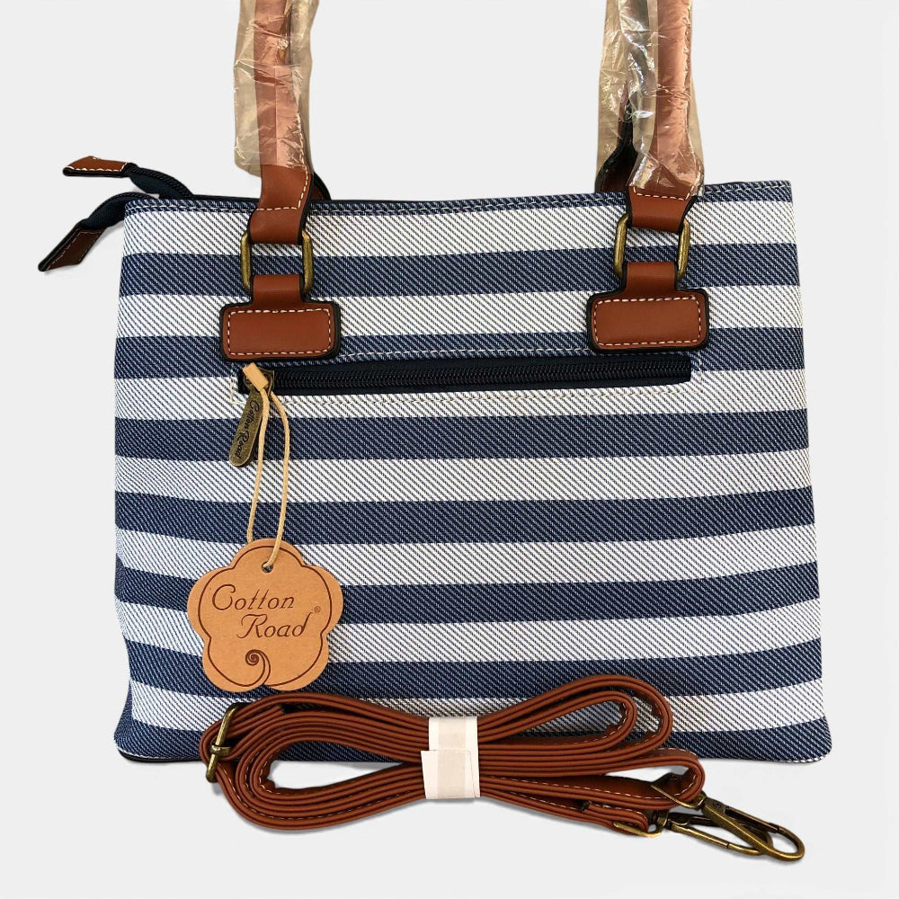 Cotton Road navy and white striped handbag front view PACKAGE DEAL