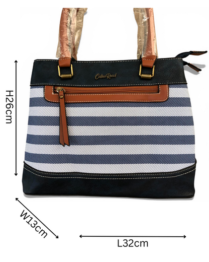 Cotton Road navy and white striped handbag SIZE view