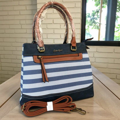 Cotton Road navy and white striped handbag front view ON TABLE