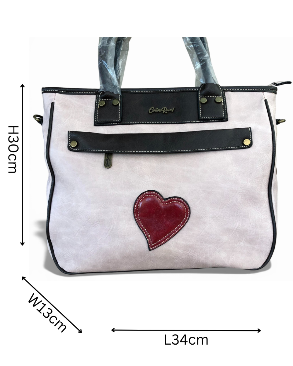 Cotton Road pale pink PU leather handbag front view with sizing