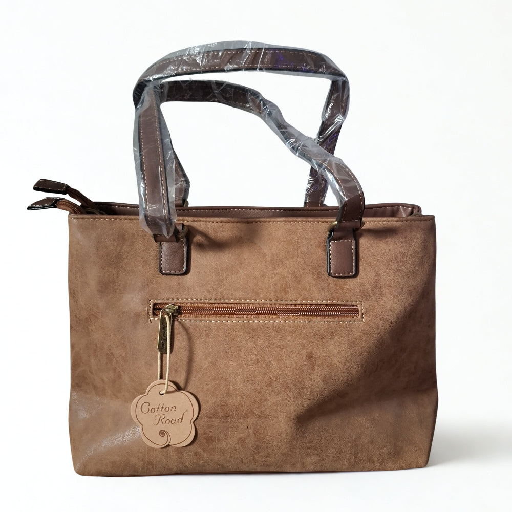 Cotton Road Handbag: PU Leather Double Compartment Handbag with Protea detail - BROWN