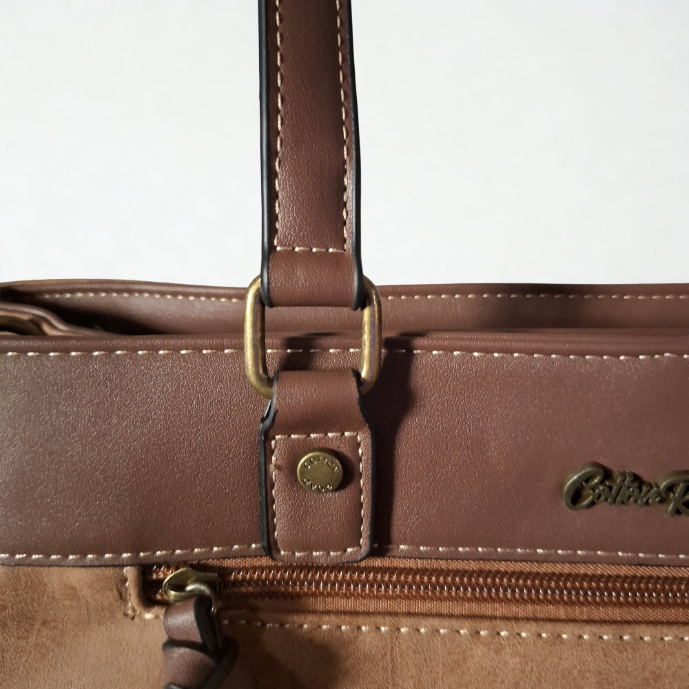 Cotton Road Handbag: PU Leather Double Compartment Handbag with Protea detail - BROWN