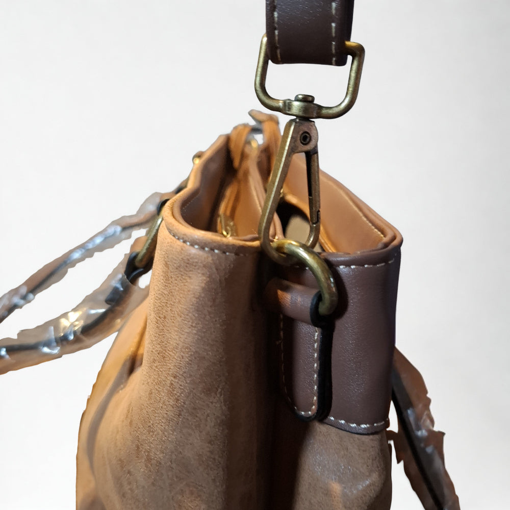 Cotton Road Handbag: PU Leather Double Compartment Handbag with Protea detail - BROWN