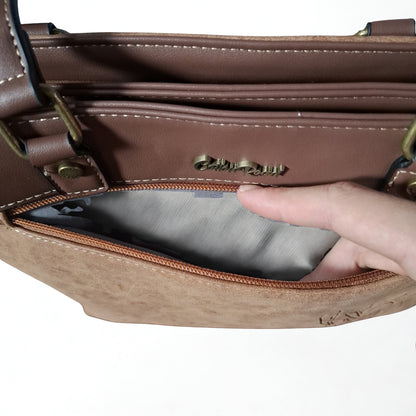 Cotton Road Handbag: PU Leather Double Compartment Handbag with Protea detail - BROWN