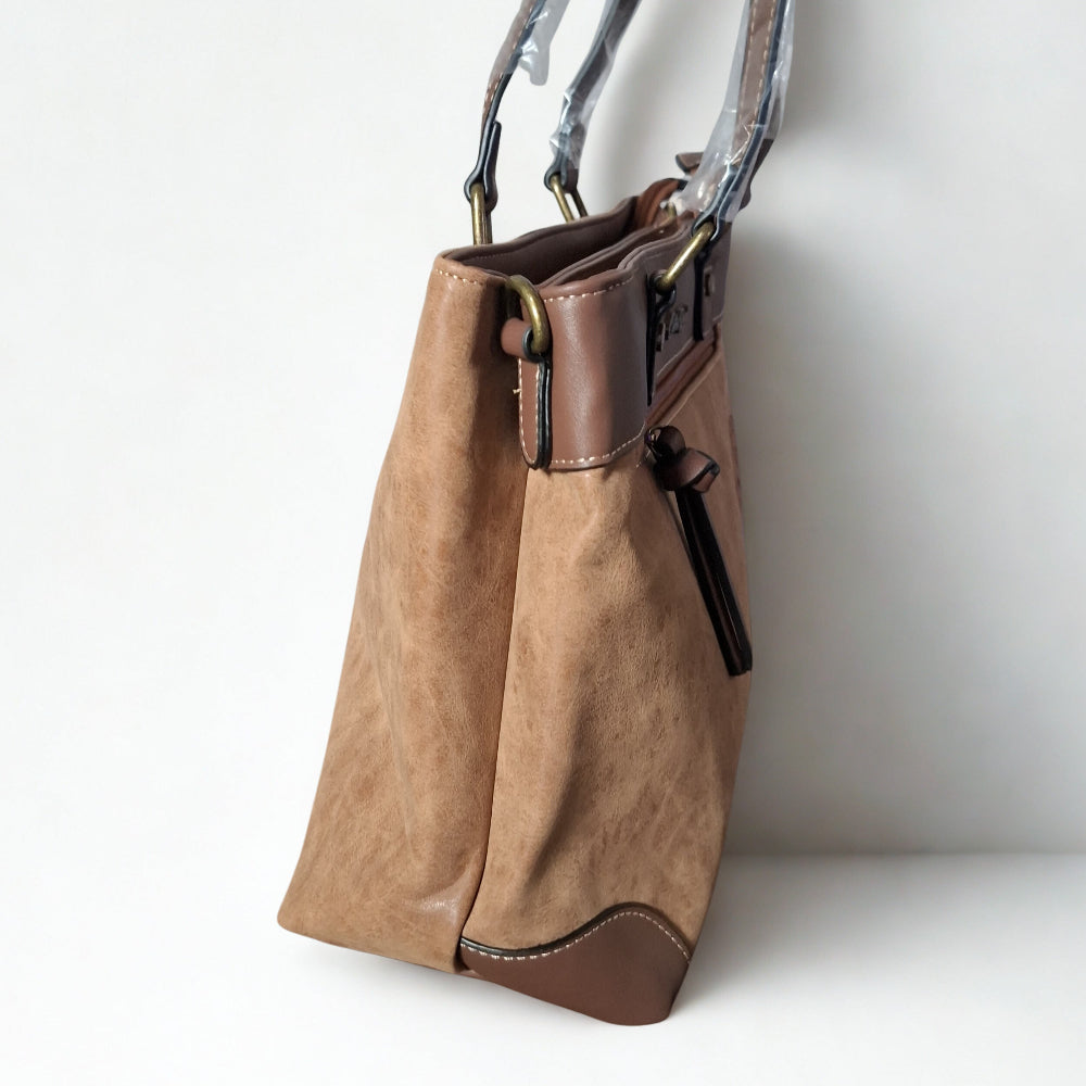 Cotton Road Handbag: PU Leather Double Compartment Handbag with Protea detail - BROWN