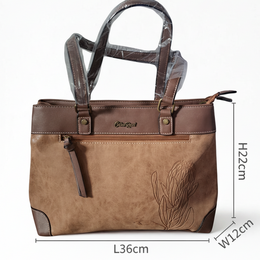 Cotton Road Handbag: PU Leather Double Compartment Handbag with Protea detail - BROWN