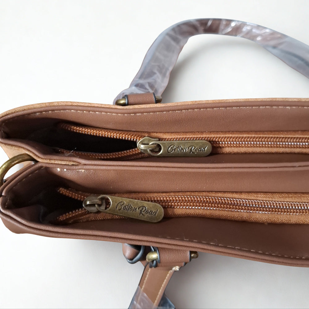 Cotton Road Handbag: PU Leather Double Compartment Handbag with Protea detail - BROWN