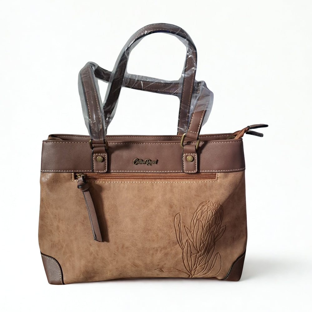 Cotton Road Handbag: PU Leather Double Compartment Handbag with Protea detail - BROWN