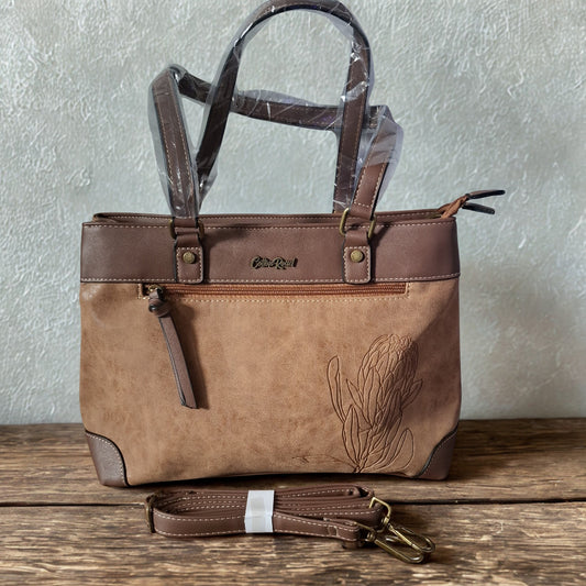 Cotton Road Handbag: PU Leather Double Compartment Handbag with Protea detail - BROWN
