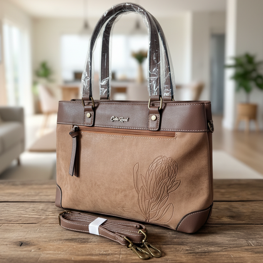 Cotton Road Handbag: BROWN PU Leather Double Compartment Handbag with EMBOSSED Protea