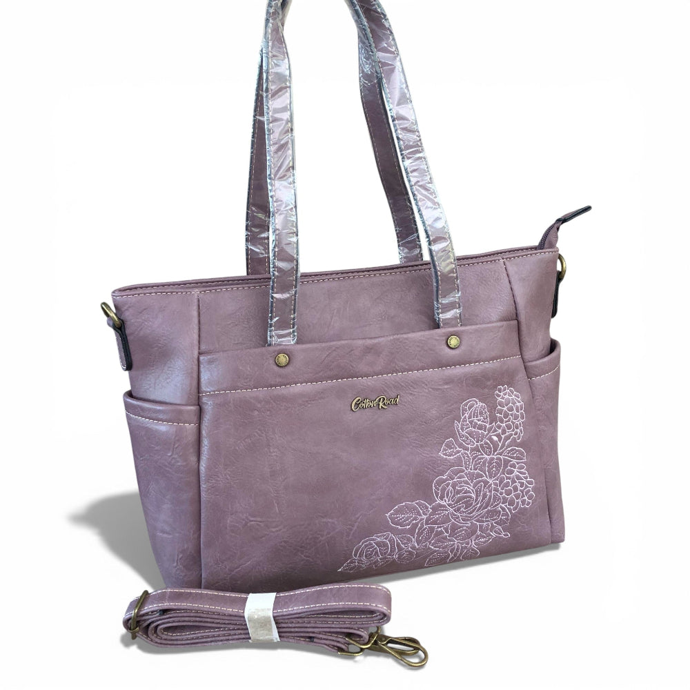 COTTON ROAD Purple PU LEATHER handbag with floral embroidery and detachable strap on a white background