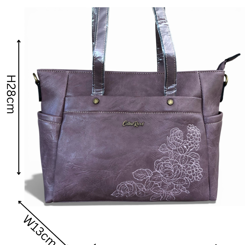 Cotton Road Purple handbag with floral embroidery and measurements on a white background