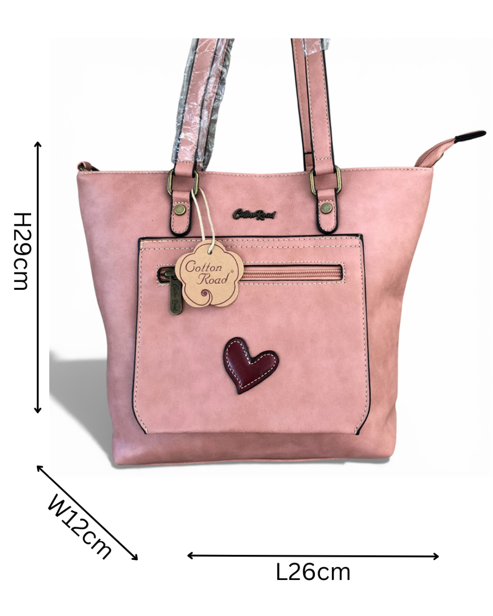 Cotton Road salmon pink PU leather handbag front view with sizes