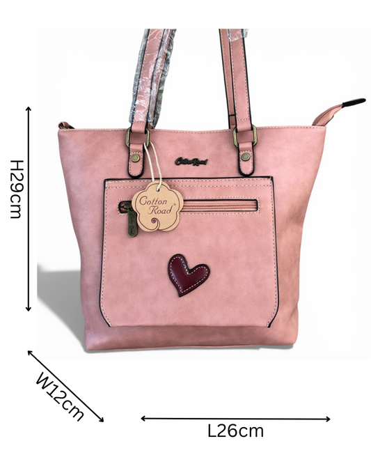 Cotton Road salmon pink PU leather handbag front view with sizes