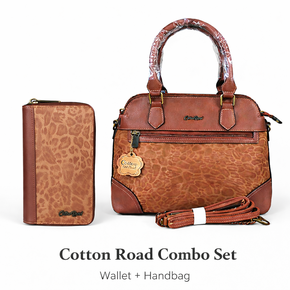 Cotton Road Handbag: TAN PU Leather Handbag with LEOPARD PRINT Panel and matching wallet
