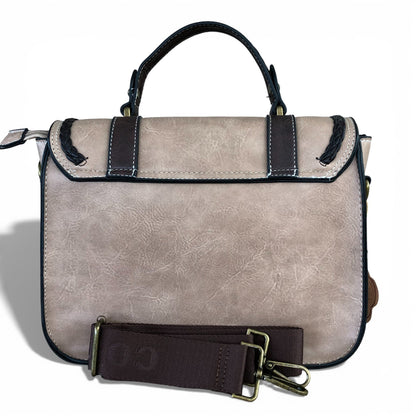 Cotton Road khaki hanbag wirg windmill detailing back bag view. 