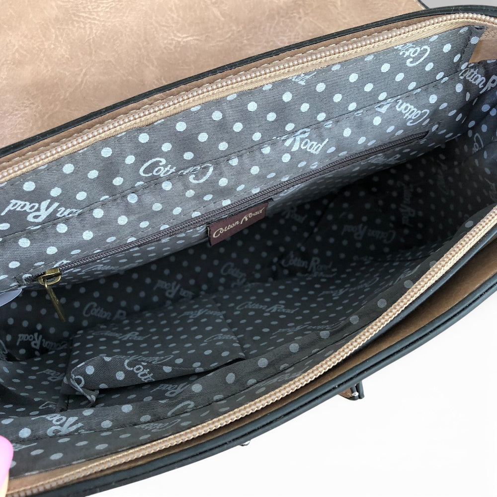 Cotton Road khaki handbag with windmill detailing open view. 