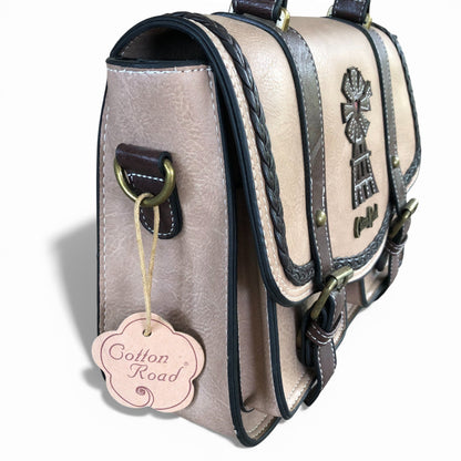 Cotton Road khaki handbag with windmill detailing side view of handbag. 