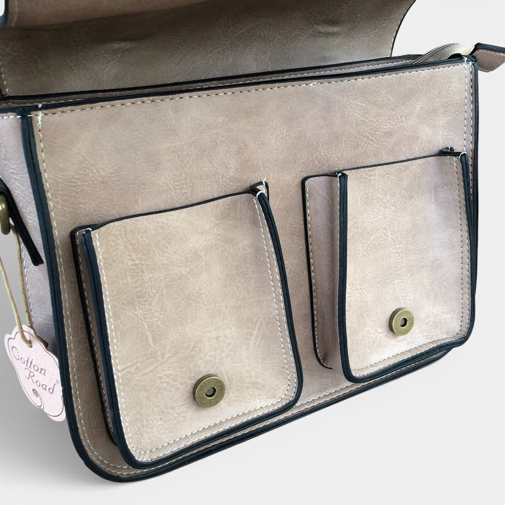 Cotton Road khaki handbag with windmill detailing open view with top flap open. 