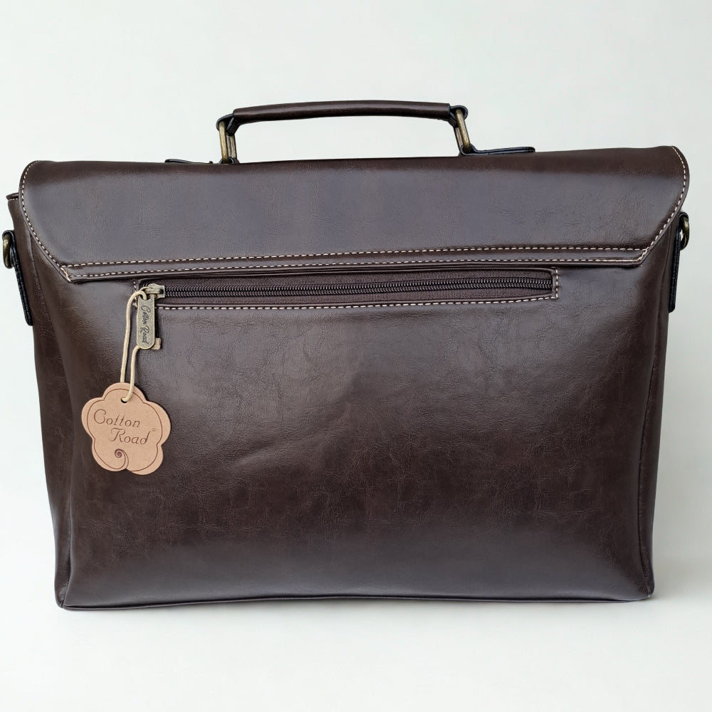 Cotton Road Laptop Bag: Large COFFEE PU Leather Laptop Bag with handle and STRAP detailing
