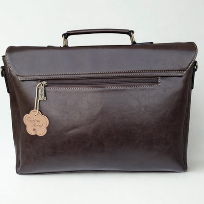Cotton Road Laptop Bag: Large COFFEE PU Leather Laptop Bag with handle and STRAP detailing