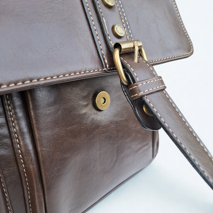 Cotton Road Laptop Bag: Large COFFEE PU Leather Laptop Bag with handle and STRAP detailing