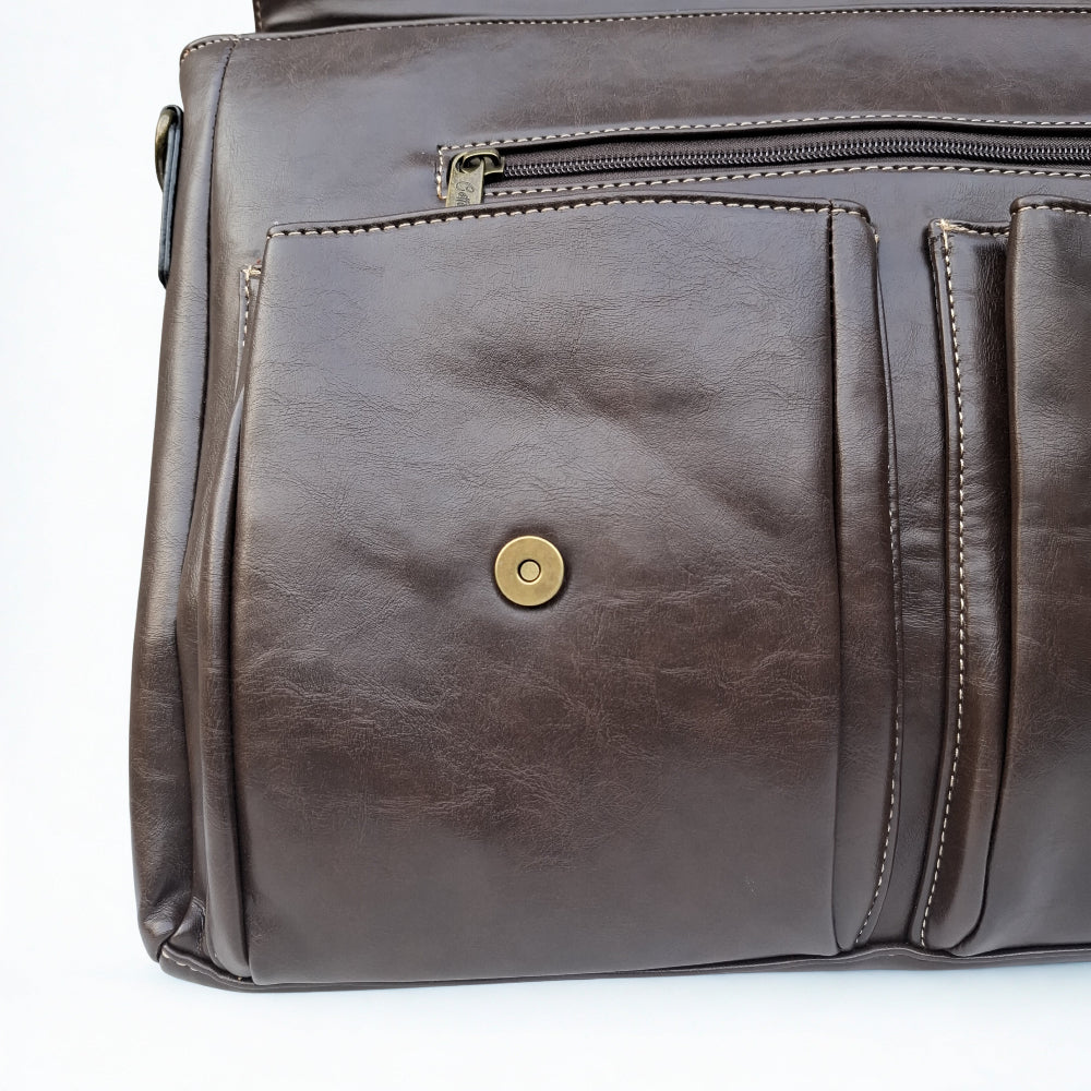 Cotton Road Laptop Bag: Large COFFEE PU Leather Laptop Bag with handle and STRAP detailing