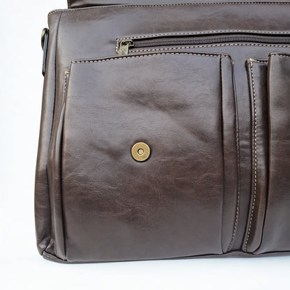 Cotton Road Laptop Bag: Large COFFEE PU Leather Laptop Bag with handle and STRAP detailing