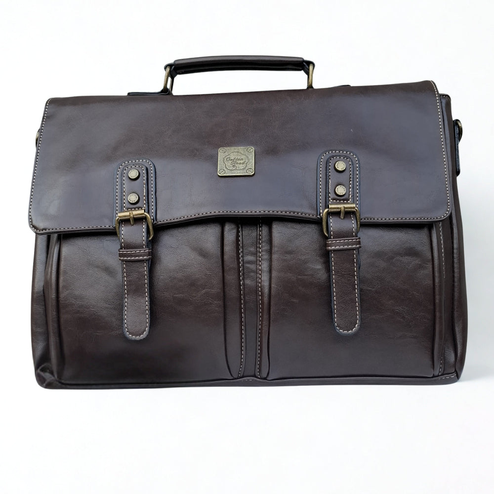 Cotton Road Laptop Bag: Large COFFEE PU Leather Laptop Bag with handle and STRAP detailing