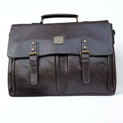 Cotton Road Laptop Bag: Large COFFEE PU Leather Laptop Bag with handle and STRAP detailing