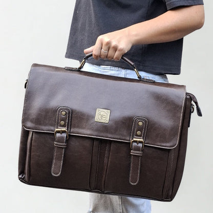 Cotton Road Laptop Bag: Large COFFEE PU Leather Laptop Bag with handle and STRAP detailing