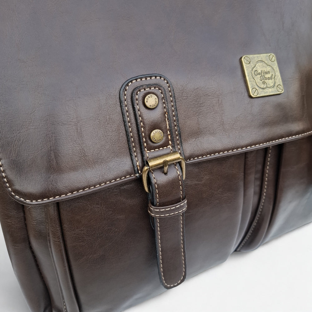Cotton Road Laptop Bag: Large COFFEE PU Leather Laptop Bag with handle and STRAP detailing
