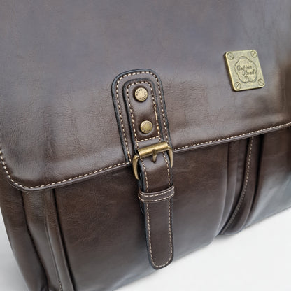 Cotton Road Laptop Bag: Large COFFEE PU Leather Laptop Bag with handle and STRAP detailing