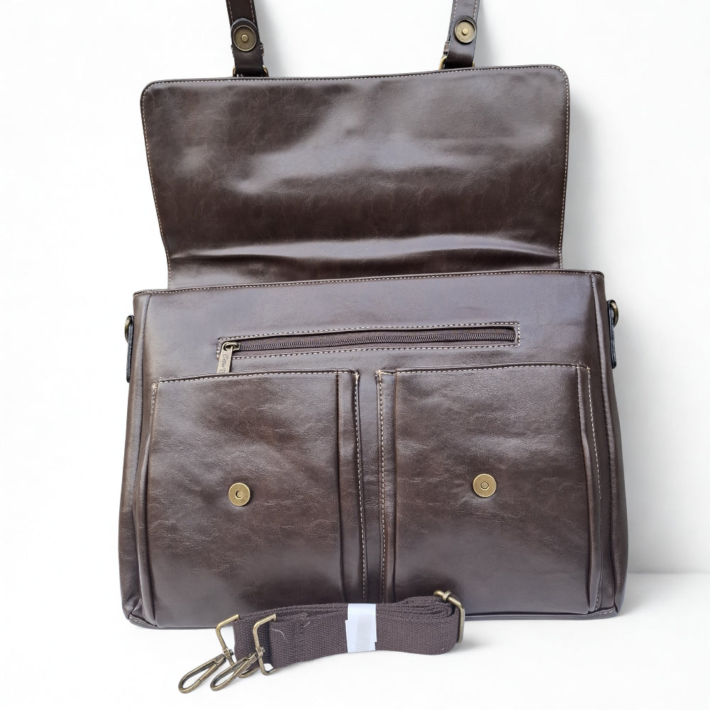 Cotton Road Laptop Bag: Large COFFEE PU Leather Laptop Bag with handle and STRAP detailing