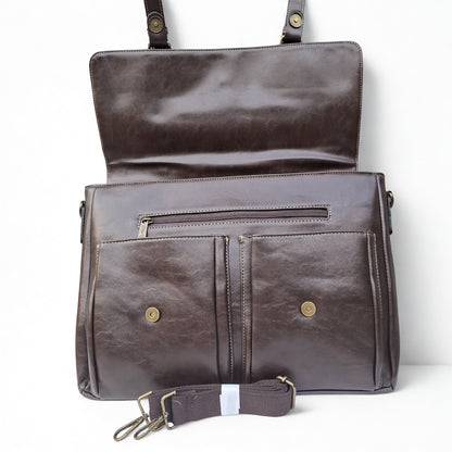 Cotton Road Laptop Bag: Large COFFEE PU Leather Laptop Bag with handle and STRAP detailing