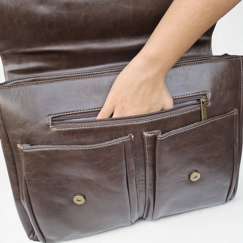 Cotton Road Laptop Bag: Large COFFEE PU Leather Laptop Bag with handle and STRAP detailing