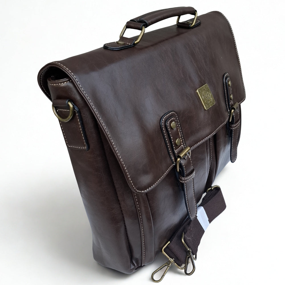 Cotton Road Laptop Bag: Large COFFEE PU Leather Laptop Bag with handle and STRAP detailing